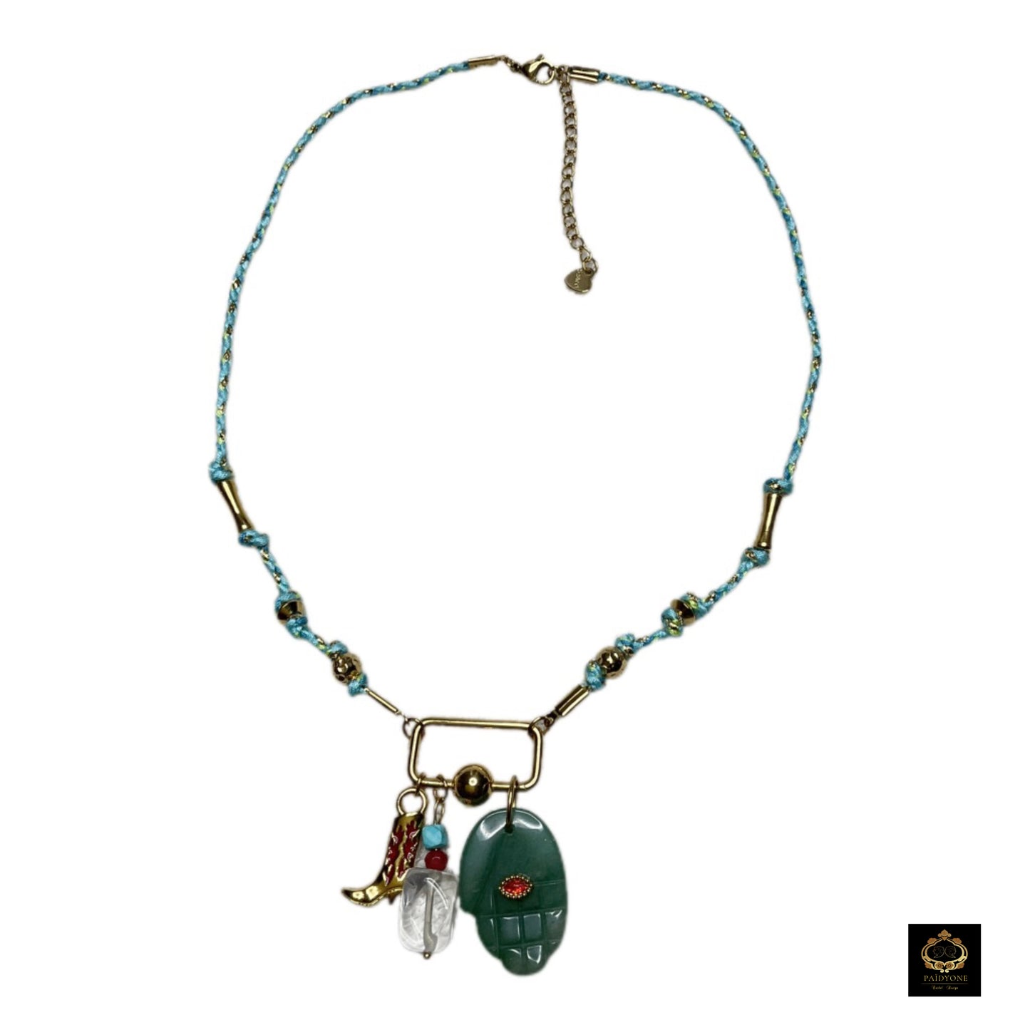 Collier Corde & Acier Inoxydable Doré – Pendentif Pierre Naturelle