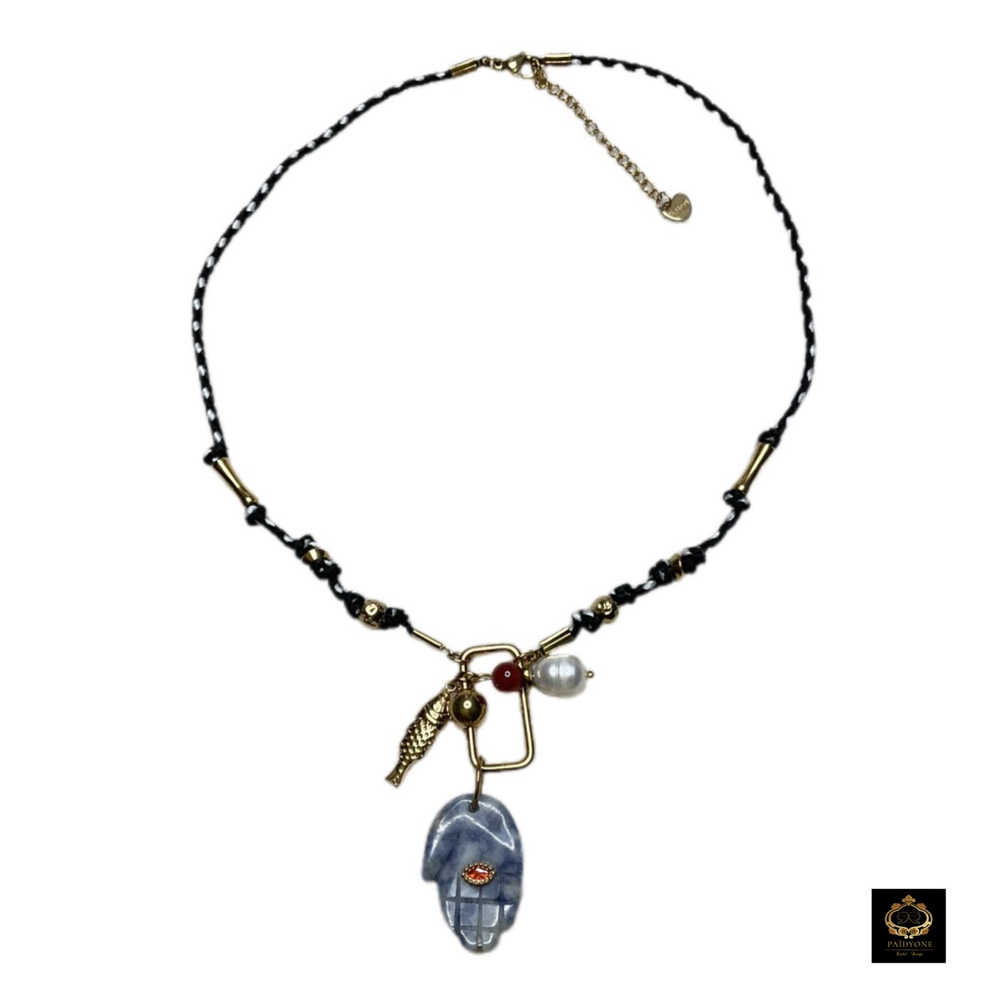 Collier Corde & Acier Inoxydable Doré – Pendentif Pierre Naturelle