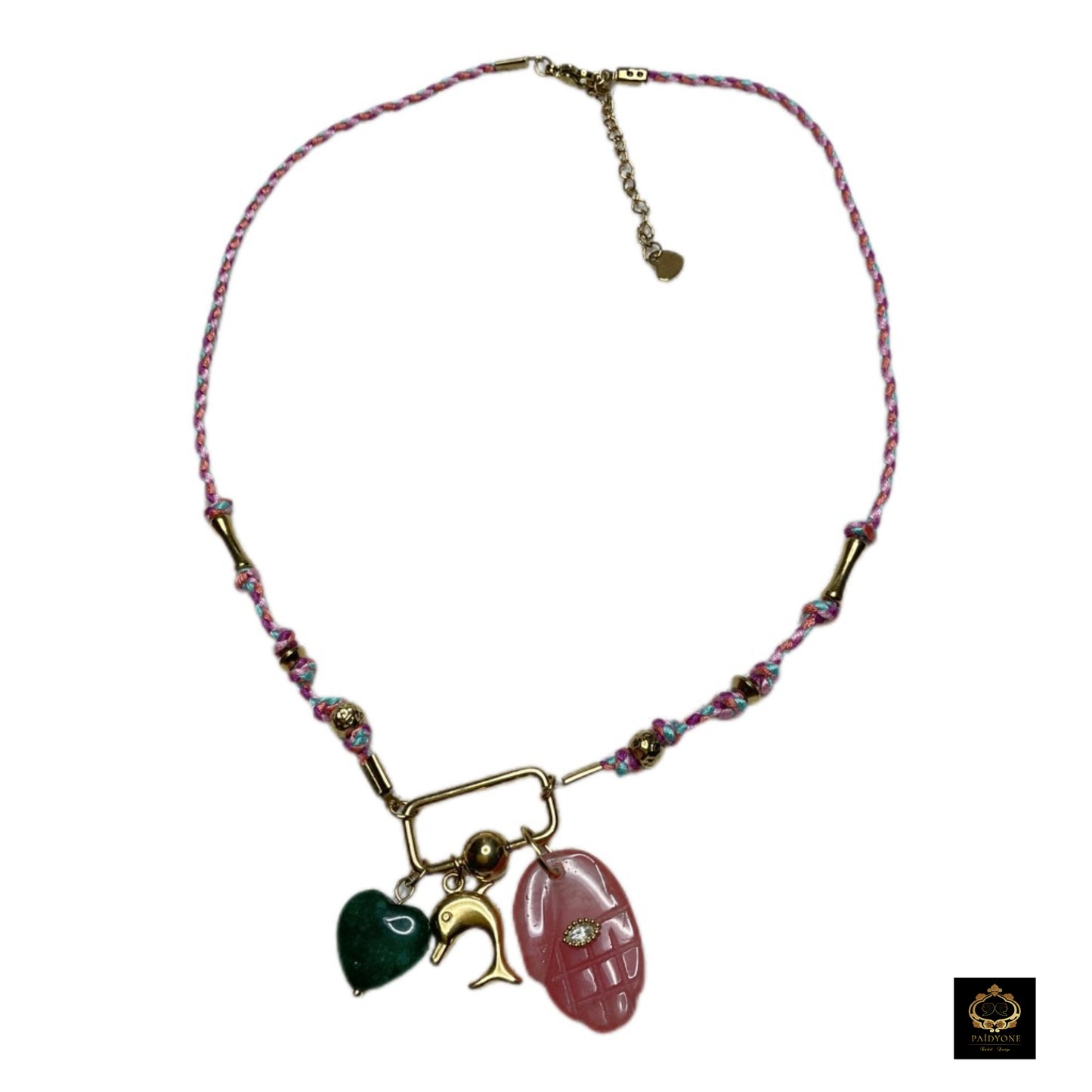 Collier Corde & Acier Inoxydable Doré – Pendentif Pierre Naturelle