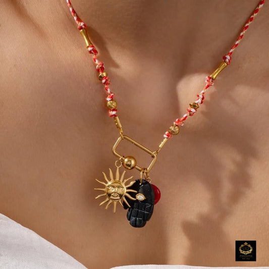 Collier Corde & Acier Inoxydable Doré – Pendentif Pierre Naturelle