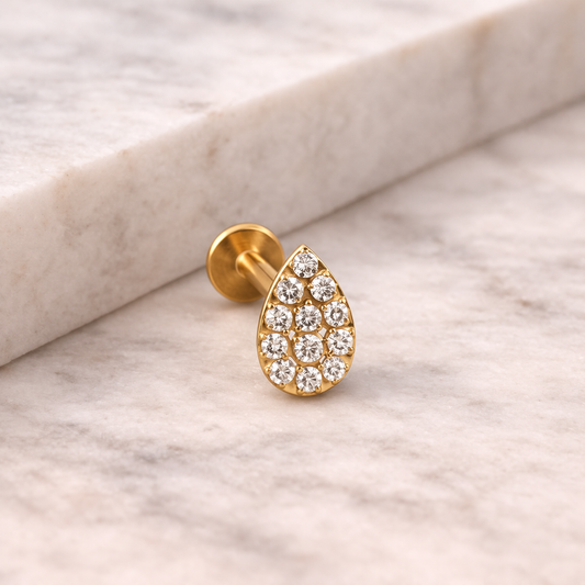 Piercing Oreille Doré en Titane ASTM F-136 – Motif goutte pavée de zircons